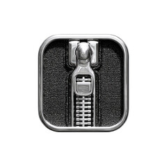 Metallic zipper slider and teeth on a dark textured surface, framed in a rounded square