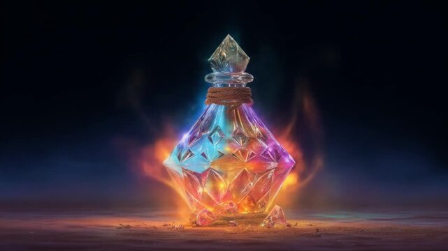 Abstract illustration of a colorful potion bottle with glowing effects