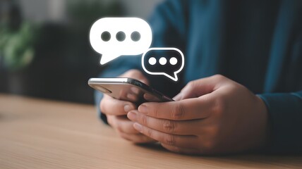 Person using a smartphone for text messaging, with speech bubble icons overlayed to represent communication.