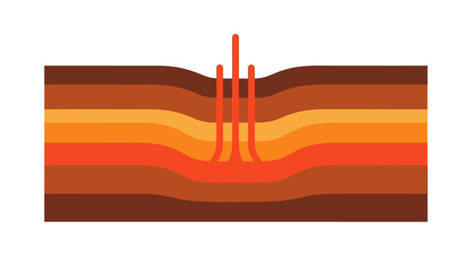 Geothermal Energy Extraction Diagram. Minimalist icon illustrating drilling into the layered earth crust to harness renewable heat power.