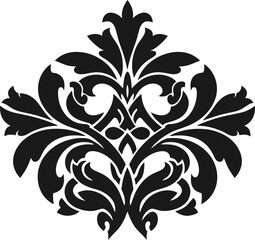 Intricate black floral damask design on white background with curved leaves and stems