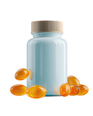 Pale blue bottle with tan lid and amber capsules
