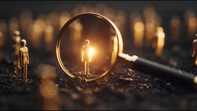 A lone figure stands out among many through a magnifying glass, illuminated in a dark environment