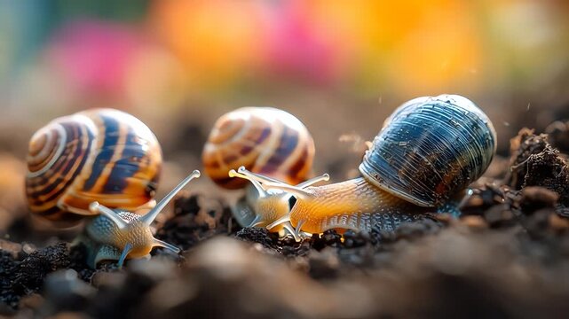Snails crawling on fertile soil in a garden environment macro shot