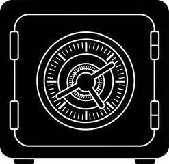 A black and white illustration of a safe with a combination lock on the front set against a plain white background