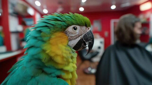 Colorful parrot interacts with barbershop customer in a vibrant setting