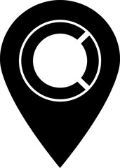 A black and white icon of a map pin with a circular gauge