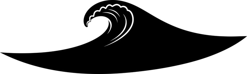 A stylized illustration of a large ocean wave cresting and curling over on a white background