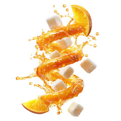 Spiraling orange juice, segments, sugar cubes, and splash on black background