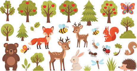 Cute forest animals and nature elements set with trees insects woodland cartoon vector © EdGe Creative