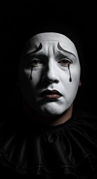 A deeply expressive portrait of a traditional white-faced mime character displaying profound sadness and sorrow in dramatic lighting ,spotlight ,disguise ,loneliness
