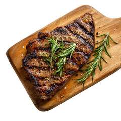 Grilled steak, char marks, salt, pepper, fresh rosemary sprigs, on a rustic wooden board