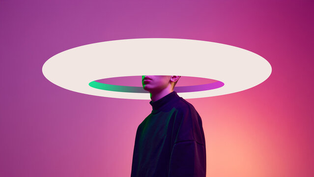 Conceptual poster abstract ring head fashion portrait. Concept of high fashion branding, creative identity campaigns, luxury advertising visuals, modern editorial layouts, and bold visual storytelling