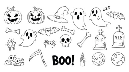 Fototapeta premium Set of various Halloween themed doodles featuring pumpkins ghosts bats skulls gravestones and candles in a fun hand drawn style.