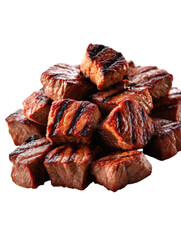 A delicious pile of grilled, bite-sized meat chunks with prominent sear marks and rich color