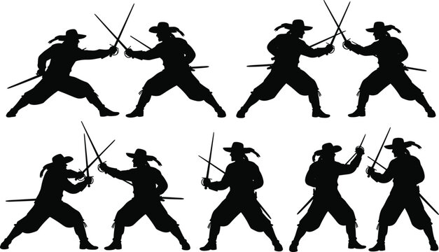 Silhouette of musketeer swashbucklers dueling with rapiers, fencing combat between pirates in hats, vintage swordsman fighting scene, historical military warrior vector illustration, action sports.