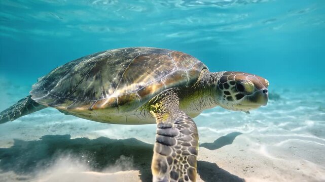 Majestic sea turtle swimming in turquoise water with sunlight creating patterns on its shell