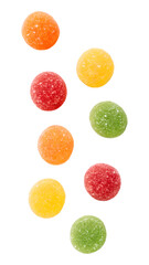 Falling assorted fruit gummy candies isolated on transparent background