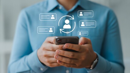 Person holding a smartphone with digital interface showing user profile icons and communication exchange graphics.