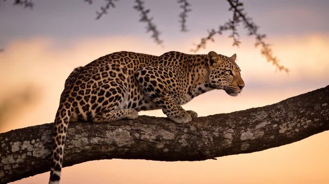 Majestic leopard sitting on a tree branch and looking for prey against a colorful sunset sky