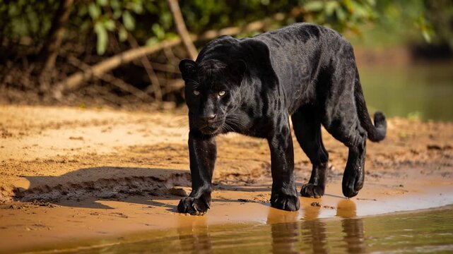 Muscular black panther walking with intent on the sandy shore of a jungle river