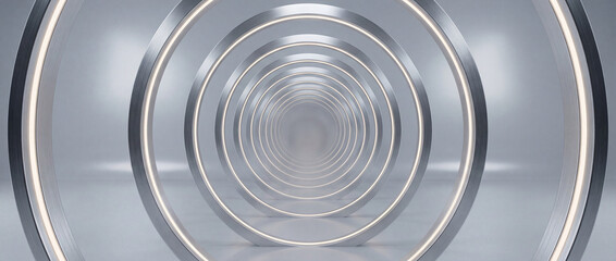 Obraz premium Panoramic interior space with geometric circular patterns reflecting light. Contemporary design features circular shapes and smooth surfaces creating an orderly environment.