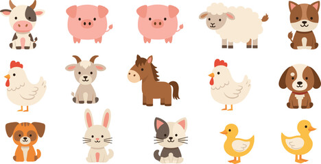 Fototapeta premium Cute farm animals set with cow pig sheep horse chicken dog cat duck vector