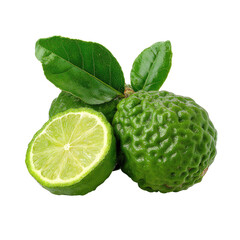 Bergamot citrus fruit, one cut in half showing segments, green leaves, textured peel
