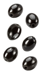 Falling black olives isolated on transparent background
