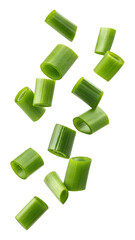 Falling chopped green onion slices isolated on transparent background