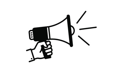 Fototapeta premium Hand holding a megaphone emitting sound lines for communication and marketing announcement concepts in a bold black line art.
