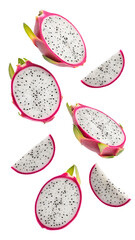 Falling sliced dragon fruit isolated on transparent background
