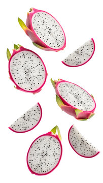 Falling sliced dragon fruit isolated on transparent background