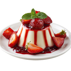 Panna cotta dessert topped with fresh strawberries and mint on white plate