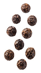 Falling black peppercorns isolated on transparent background