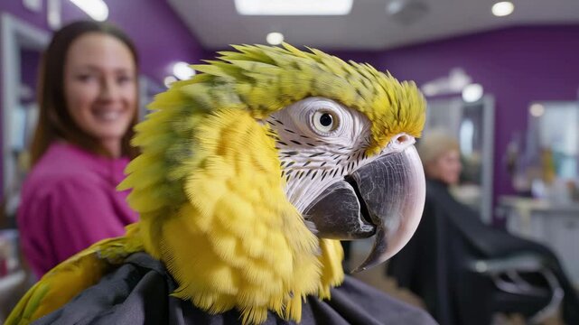 Colorful parrot engages in playful interaction in hair salon setting