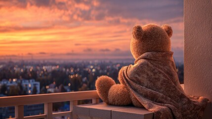 Naklejka premium A teddy bear couple watching a sunset from a balcony overlooking the city, wrapped in a blanket, warm evening light, 8k, realistic, full ultra HD, high resolution, cinematic photography