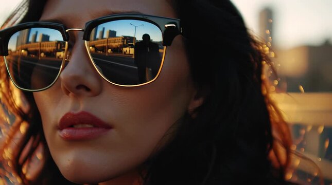 a stylish girl wearing reflective sunglasses. A close-up of her profile shows the sun setting, with city streets and the horizon clearly visible through the sunglasses lenses. Golden rays, cinematic l