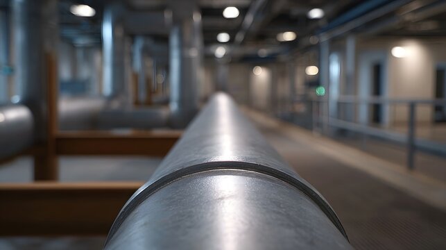 A large metallic industrial pipe runs through a dimly lit modern mechanical facility with blurred background elements