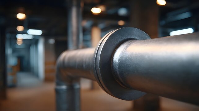 Close up of a silver industrial steel pipe with a flange set in a dimly lit factory or plant interior