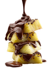 Stack of pineapple pieces with chocolate sauce pouring over the top