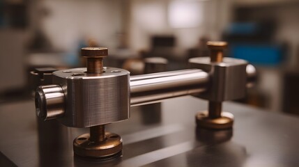 Close up of a precision industrial fixture with metallic and brass components in a laboratory setting