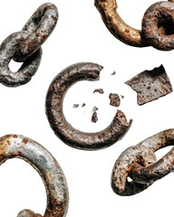 Old, corroded metal chain links scattered on black, with one central link dramatically shattered