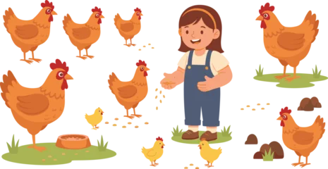 Gardinen Bauernhof Cute girl feeding chickens and chicks on farm poultry scene cartoon vector  © EdGe Creative