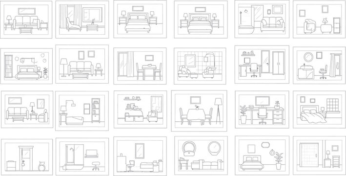 A collection of 20 blurry architectural sketches isolated on transparent background