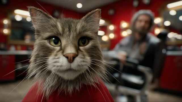 Curious cat observes activity in urban barbershop with stylish interior and engaged barber