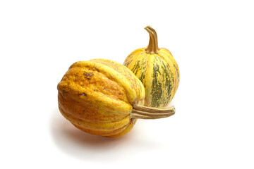 Two varieties of yellow squash with distinct shapes and textures, one smooth and round, the other ribbed and elongated, displayed against a white background