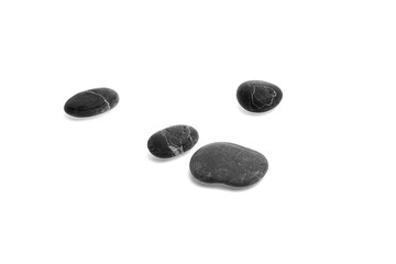 Fototapeta premium Black pebble stones of various shapes and sizes arranged on a white background, showcasing smooth surfaces and subtle variations in texture and color