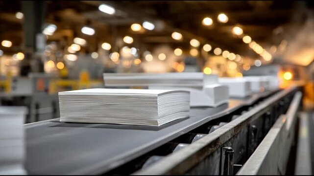 Stacks of paper being processed on a conveyor belt in an industrial factory setting viewed from the side