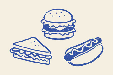 Burger sandwich and hot dog doodle vector illustration © Victoria